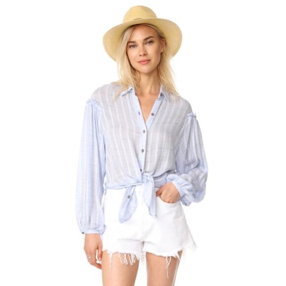 Free People Headed to the Highlands Blue White Stripe Gauzy‎ Button Down Medium - Picture 1 of 8